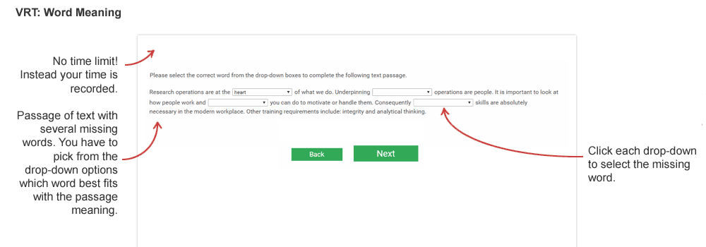 screenshot of capp verbal test drop down passage question